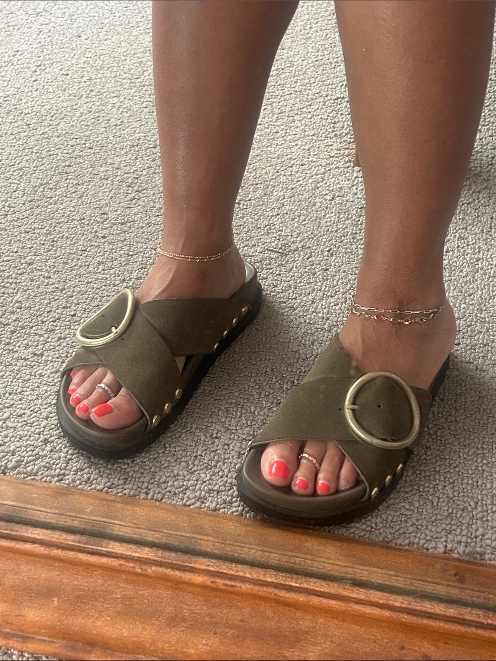 Zara Olive Green Suede Slide Sandals with Oversized Buckle